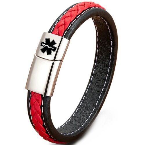 ***COI Titanium Black/Gold Tone/Silver Medical Alert Genuine Leather Bracelet With Steel Clasp(Length: 8.27 inches)-01227A