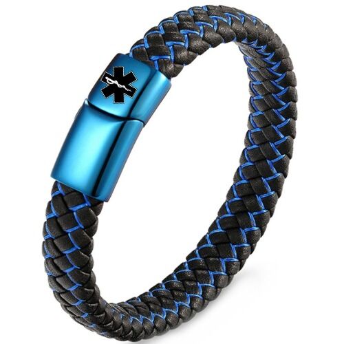 ***COI Blue Titanium Medical Alert Genuine Leather Bracelet With Steel Clasp(Length: 8.27 inches)-01229A