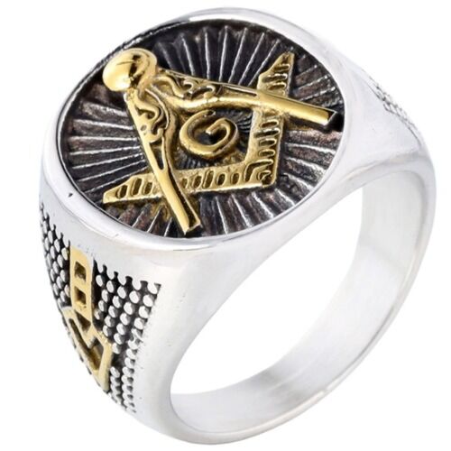 ***COI Titanium Black Gold Tone Silver/Gold Tone Silver Masonic Freemason Ring-01232A