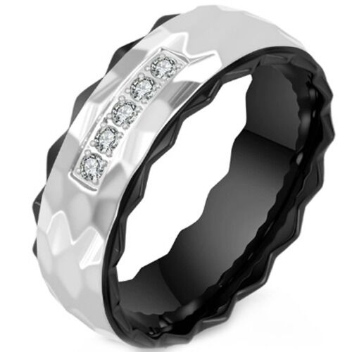 ***COI Titanium Black/Gold Tone Silver Hammered Step Edges Ring With Cubic Zirconia-01238A