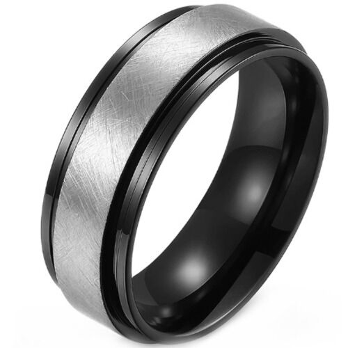 ***COI Titanium Black/Blue Silver Sandblasted Step Edges Ring-01239A