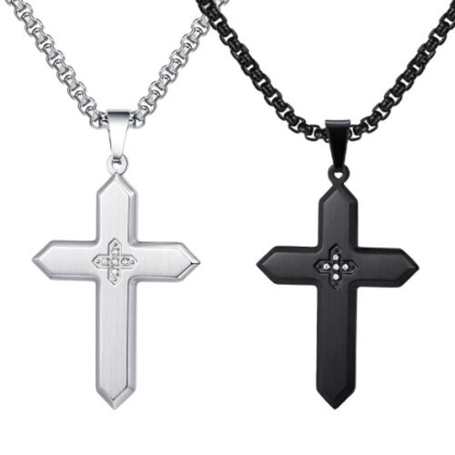 ***COI Titanium Black/Silver Cross Pendant With Cubic Zirconia-01244A