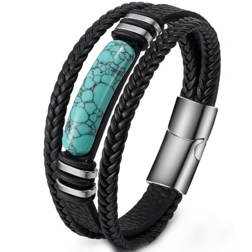 ***COI Titanium Green Malachite/Turquoise Genuine Leather Bracelet With Steel Clasp(Length: 8.27 inches)-01246A