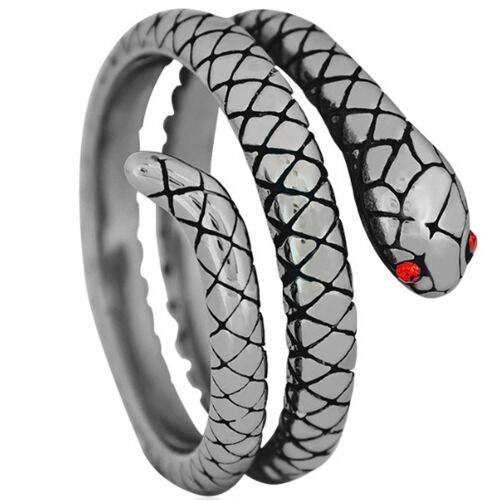 ***COI Titanium Black Silver Snake Ring With Created Red Ruby-01252A