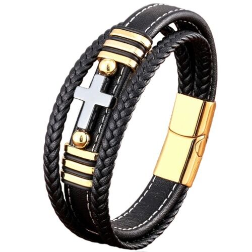 ***COI Titanium Black Gold Tone Silver Cross Genuine Leather Bracelet With Steel Clasp(Length: 8.27 inches)-01254A