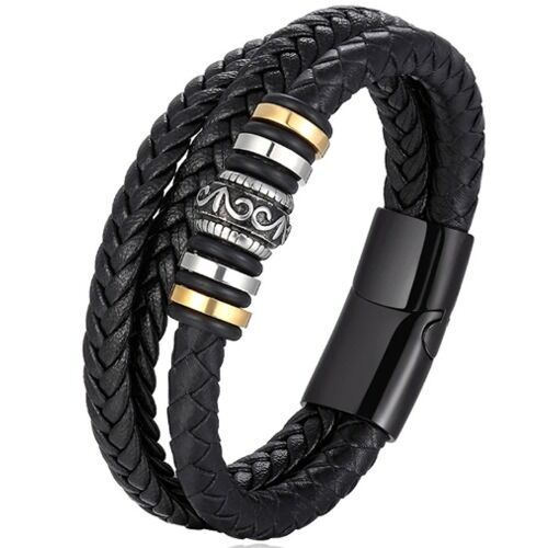 ***COI Titanium Black Gold Tone Silver Celtic Genuine Leather Bracelet With Steel Clasp(Length: 8.27 inches)-01258A