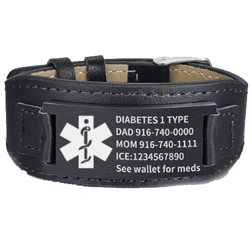 ***COI Titanium Black/Silver Medical Alert Genuine Leather Custom Engraving Bracelet With Steel Clasp(Length: 8.27 inches)-01265A