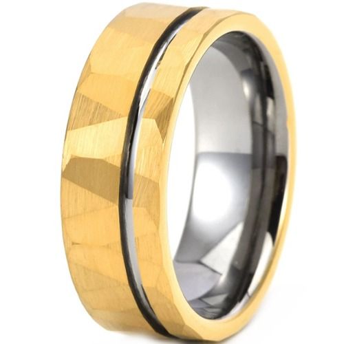 ***COI Tungsten Carbide Gold Tone Silver/Silver Offset Groove Faceted Ring-01269A