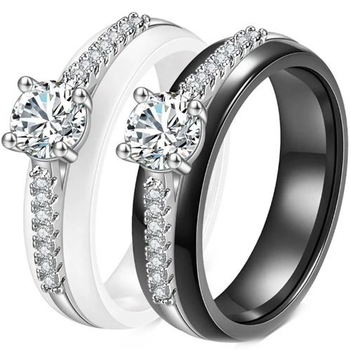 ***COI Titanium Black/White Ceramic Solitaire Ring With Cubic Zirconia-01273A
