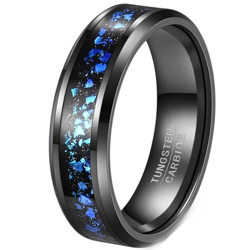 ***COI Black Tungsten Carbide Meteorite & Crushed Opal Beveled Edges Ring-01274A