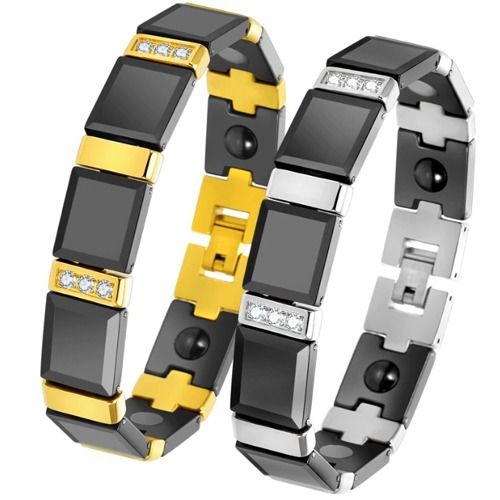 ***COI Titanium Gold Tone/Silver Black Ceramic Cubic Zirconia Bracelet With Steel Clasp(Length: 8.27 inches)-01306A