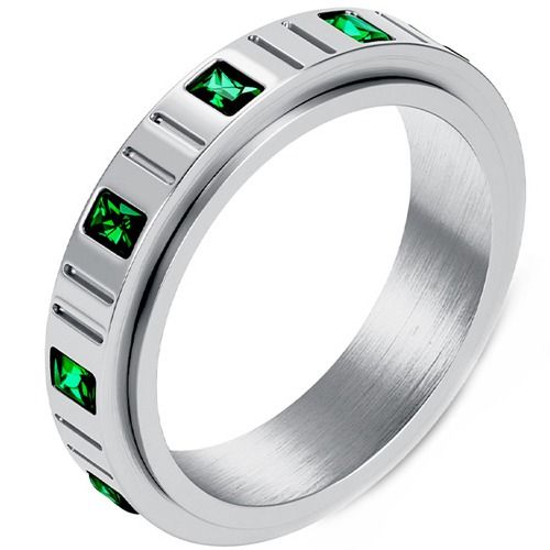 ***COI Titanium Gold Tone/Silver Grooves Ring With Created Green Emerald-01308A