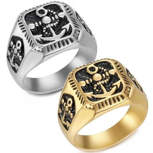 ***COI Titanium Black Gold Tone/Silver Anchor Ring-01311A