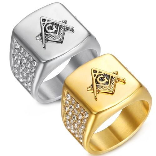 ***COI Titanium Gold Tone/Silver Masonic Freemason Ring With Cubic Zirconia-01313A