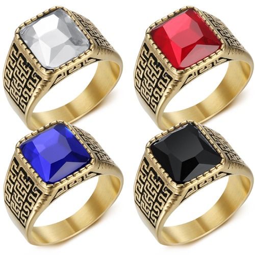 ***COI Titanium Gold Tone Black Ring With Created Diamond/Blue Sapphire/Red Ruby/Black Onyx-01315A
