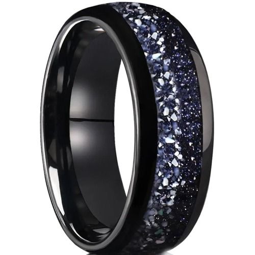 ***COI Black Tungsten Carbide Dome Court Ring With Meteorite-01321A