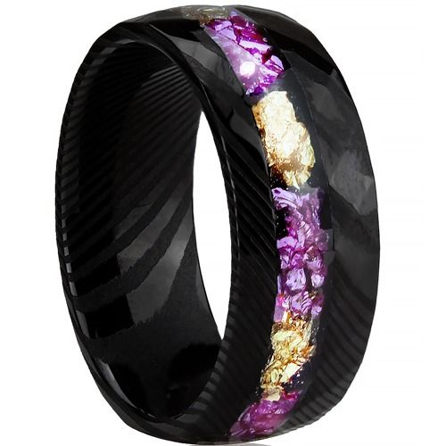 ***COI Black Tungsten Carbide Dome Court Damascus Ring With Gold Foil & Purple Amethyst-01322A