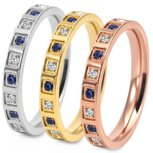***COI Titanium Gold Tone/Silver/Rose Ring With Created Blue Sapphire & Cubic Zirconia-01325A