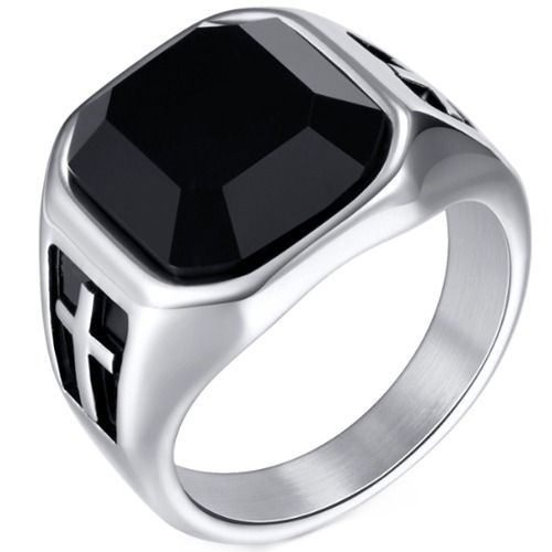 ***COI Titanium Black Silver Cross Ring With Black Onyx-01345A