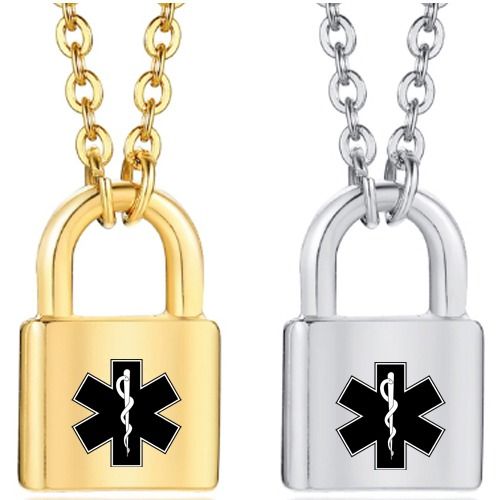 ***COI Titanium Gold Tone/Silver Medical Alert Key Lock Pendant-01349A