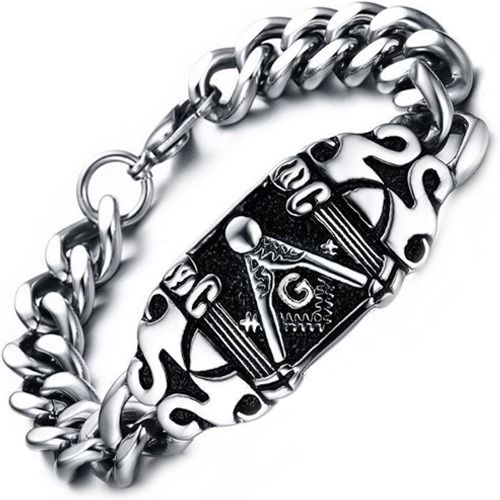 ***COI Titanium Black Silver Masonic Freemason Bracelet With Steel Clasp(Length: 8.27 inches)-01358A