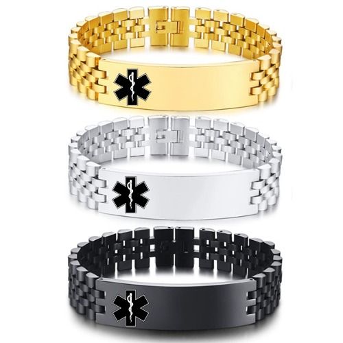 ***COI Titanium Black/Gold Tone/Silver Medical Alert Bracelet With Steel Clasp(Length: 8.46 inches)-01360A