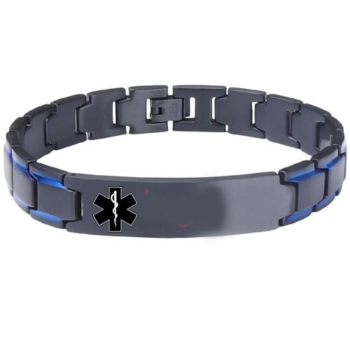 ***COI Titanium Black Blue Medical Alert Bracelet With Steel Clasp(Length: 8.46 inches)-01361A
