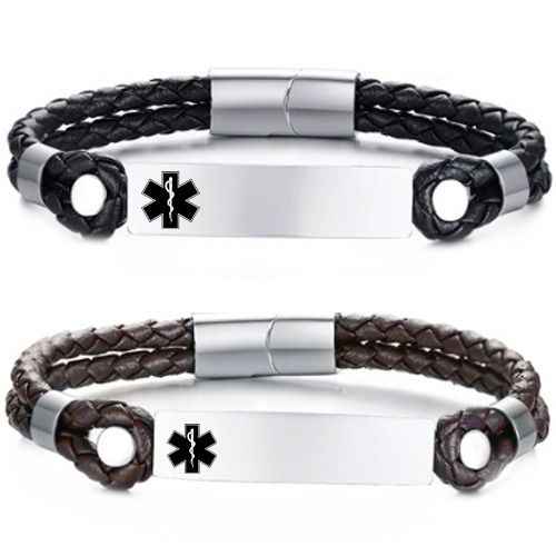 ***COI Titanium Medical Alert Genuine Leather Bracelet With Steel Clasp(Length: 8.46 inches)-01362A