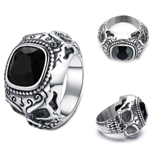 ***COI Titanium Black Silver Skull Ring With Created Blue Sapphire/Black Onyx/Red Ruby/Green Emerald-01364A