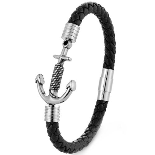 ***COI Titanium Black Silver Anchor Genuine Leather Bracelet With Steel Clasp(Length: 8.27 inches)-01372A