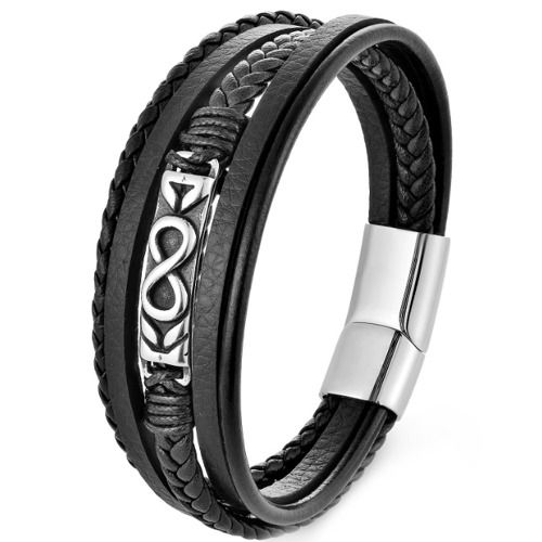 ***COI Titanium Black Silver Infinity Genuine Leather Bracelet With Steel Clasp(Length: 8.27 inches)-01374A