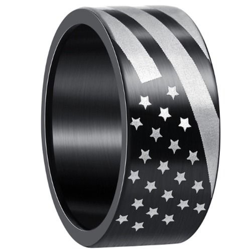 ***COI Titanium Black/Silver American Flag Pipe Cut Flat Ring-01380A