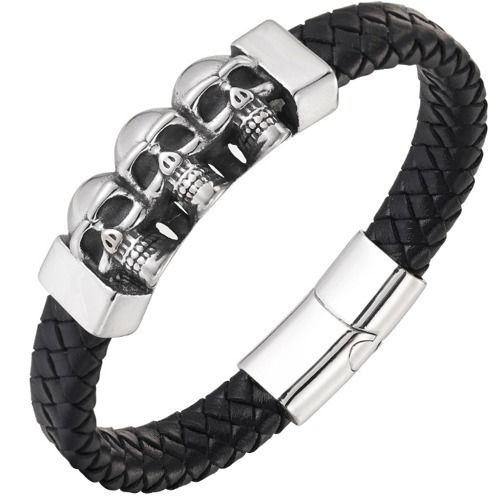 ***COI Titanium Black Silver Skull Genuine Leather Bracelet With Steel Clasp(Length: 8.27 inches)-01389A