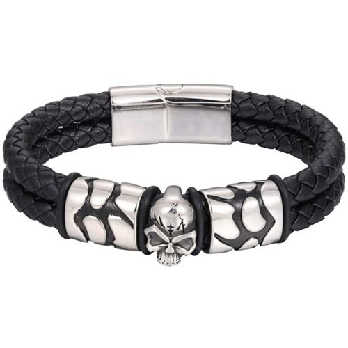 ***COI Titanium Black Silver Skull Genuine Leather Bracelet With Steel Clasp(Length: 8.27 inches)-01391A