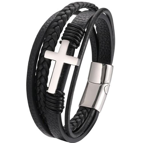 ***COI Titanium Black/Gold Tone/Silver Cross Genuine Leather Bracelet With Steel Clasp(Length: 9.05 inches)-01393A