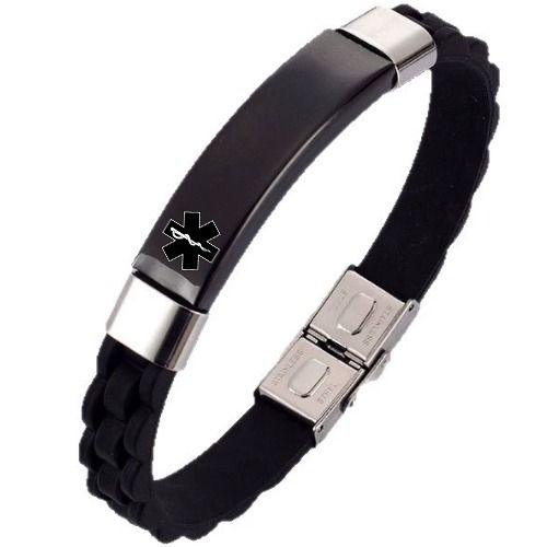 ***COI Titanium Black Silver Medical Alert Rubber Bracelet With Steel Clasp(Length: 8.27 inches)-01396A
