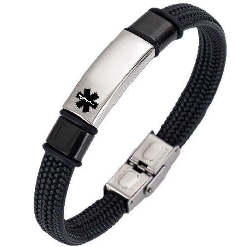 ***COI Titanium Black Silver Medical Alert Genuine Leather Bracelet With Steel Clasp(Length: 8.27 inches)-01398A