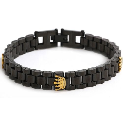 ***COI Titanium Black Gold Tone Crowns Bracelet With Steel Clasp(Length: 8.27 inches)-01408A