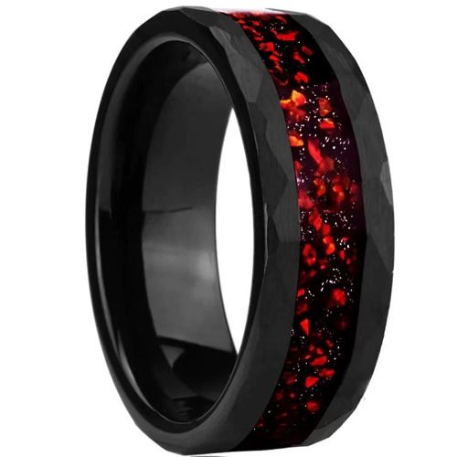 ***COI Black Tungsten Carbide Ring With Crushed Opal & Meteorite-01413A