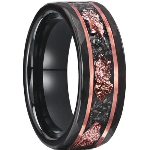 ***COI Tungsten Carbide Black Rose Faceted Ring With Meteorite & Rose Gold Foil-01415A