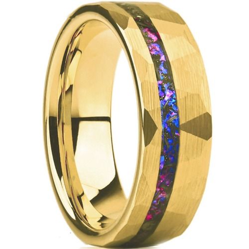 ***COI Gold Tone Tungsten Carbide Faceted Ring With Crushed Opal-01417A