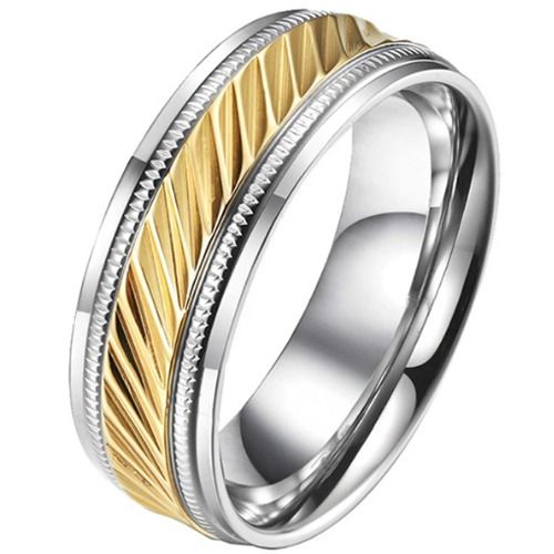 ***COI Titanium Gold Tone Silver Diagonal Grooves Step Edges Ring-01419A