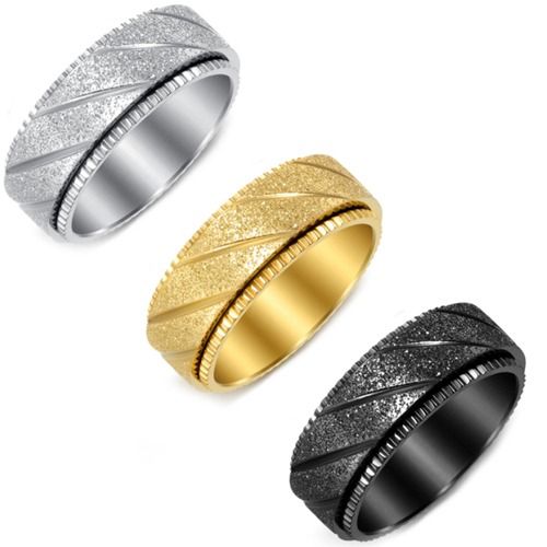 ***COI Titanium Black/Gold Tone/Silver Diagonal Grooves Step Edges Ring-01422A