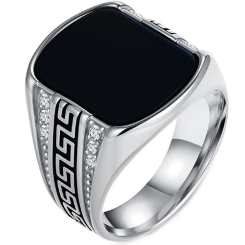 ***COI Titanium Black/Gold Tone/Silver Greek Key Black Onyx Ring With Cubic Zirconia-01431A