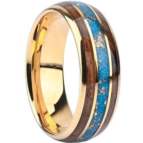 ***COI Gold Tone Tungsten Carbide Turquoise Wood & Gold Foil Dome Court Ring-01438A