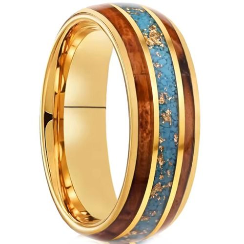***COI Gold Tone Tungsten Carbide Turquoise Wood & Gold Foil Dome Court Ring-01438A