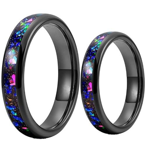 ***COI Black Tungsten Carbide Meteorite & Crushed Opal Dome Court Ring-01445A