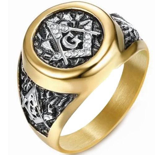 ***COI Titanium Black Gold Tone Masonic Freemason Ring With Cubic Zirconia-01454A