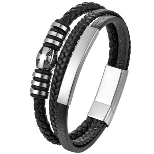 ***COI Titanium Black Silver Cross Genuine Leather Bracelet With Steel Clasp(Length: 8.27 inches)-01465A