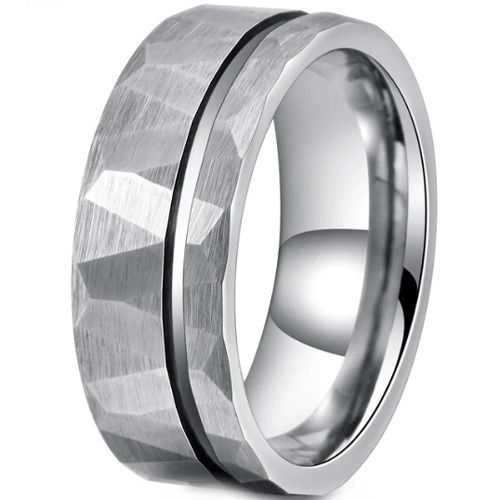 ***COI Tungsten Carbide Offset Groove Faceted Ring-01470A